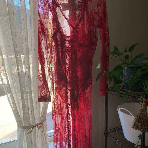 Avid Love Other - Red Lace Long Sleeve Lingerie Robe and Bodysuit Set